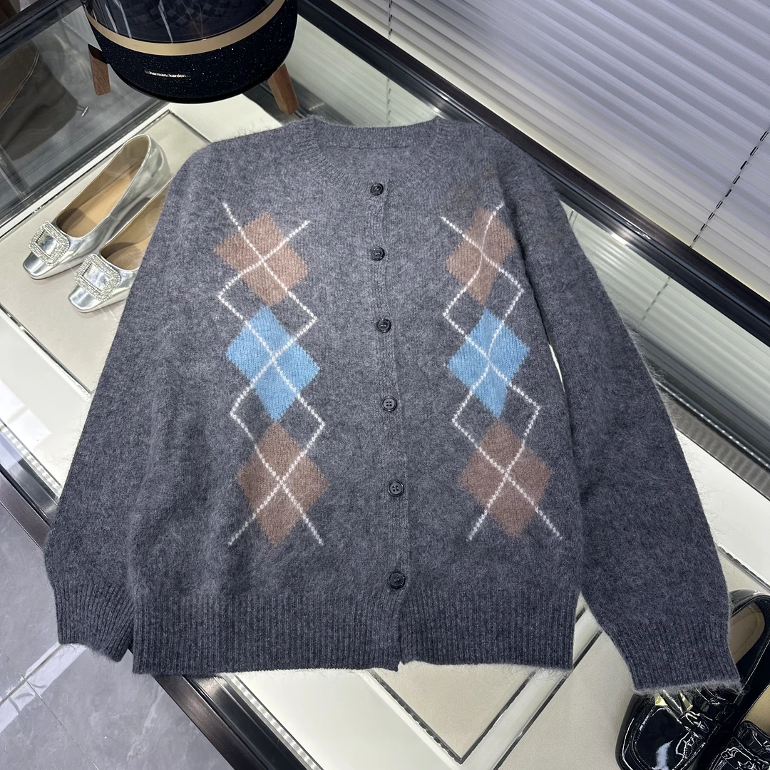 A14灰色菱格大码加厚休闲针织开衫百分百绵羊毛拉毛工艺毛衣