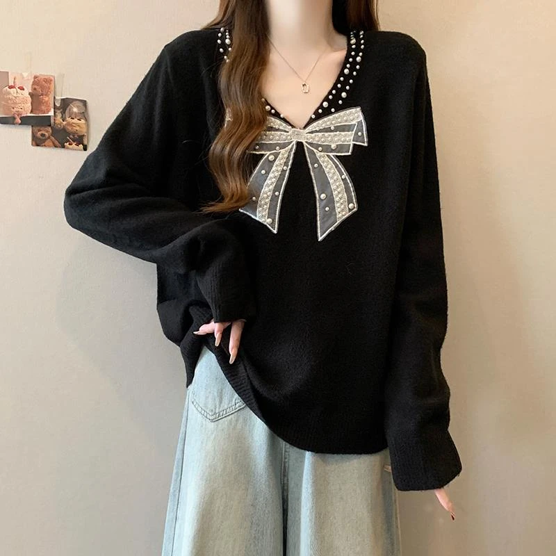 大码遮肚子法式蝴蝶结毛衣针织衫女秋冬胖妹妹宽松设计感V领上衣