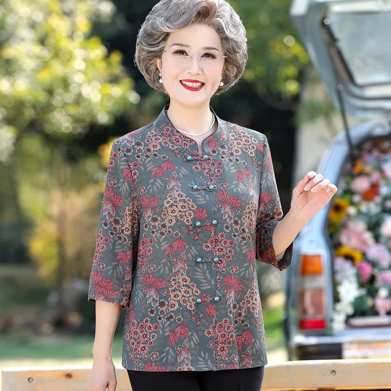 老年人春夏装女七分袖衬衫妈妈太太中袖衬衣服70岁80奶奶唐装套装