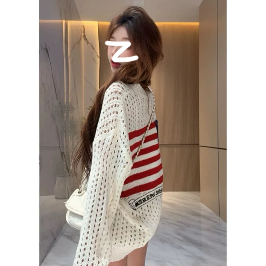 「小吴家」圆领套头镂空破洞毛衣女2025秋新款宽松防晒针织罩衫上衣