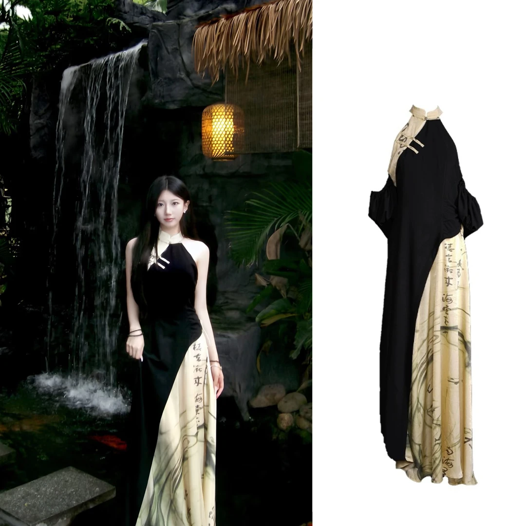 (热巴美学)新中式国风!清冷感!矜贵复古旗袍显瘦拼色连衣裙L6205#