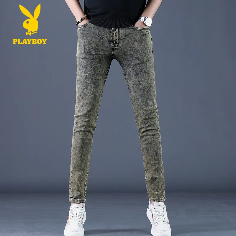 花花公子高端复古黄牛仔裤子男士春季新款青年修身小脚显瘦高弹力