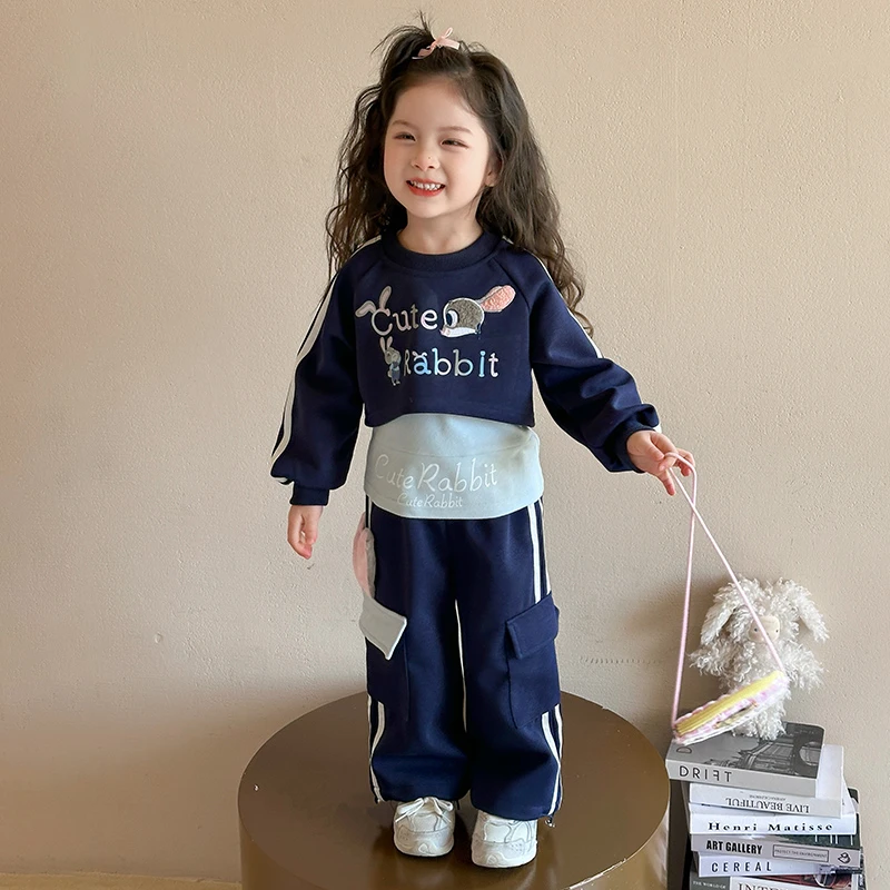 儿童套装2025春季新款女童休闲工装裤子中大童可爱风假两件套【Z】