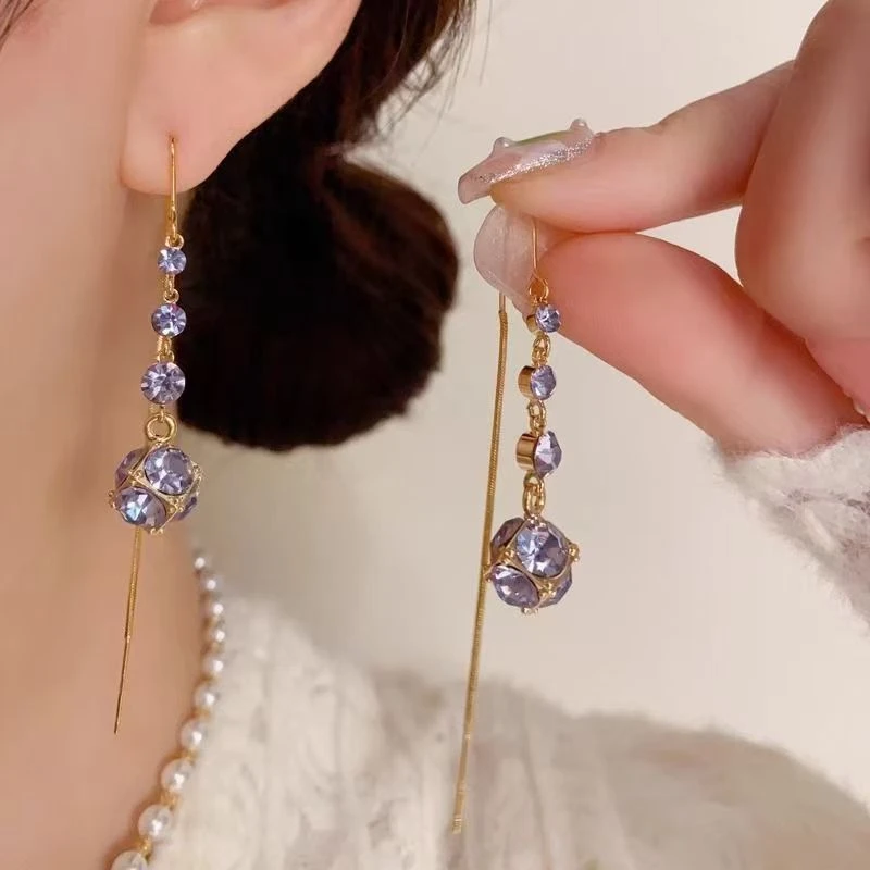 超闪紫色球长款流苏耳线女高级感轻奢气质耳环女2025新款时尚百搭
