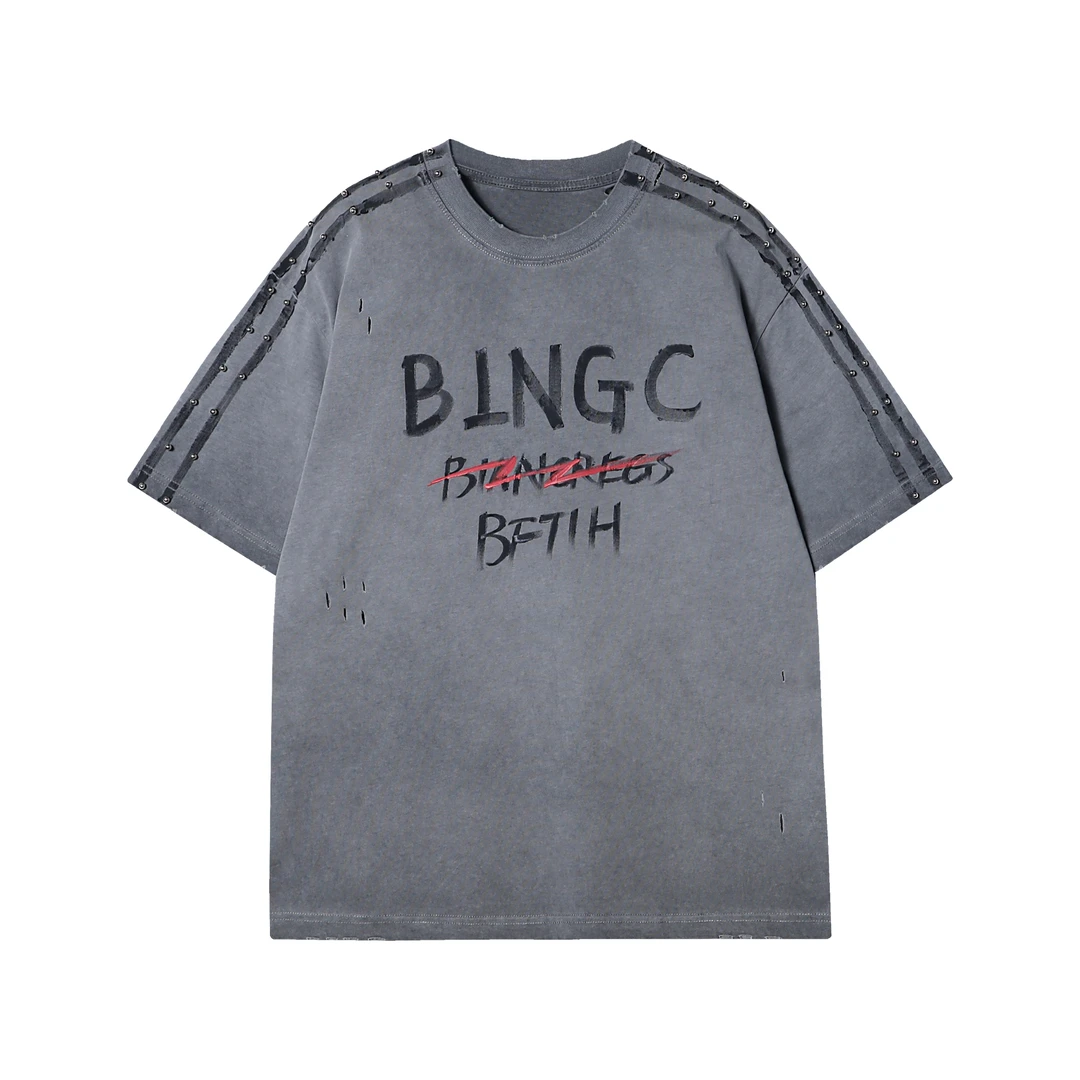 夏季新款潮流字母印花做旧破洞男士短袖百搭复古上衣潮流T恤