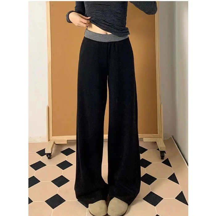 黑色拼接休闲运动裤春秋高腰遮裤遮肚子胖mm宽松显瘦大码阔腿长裤