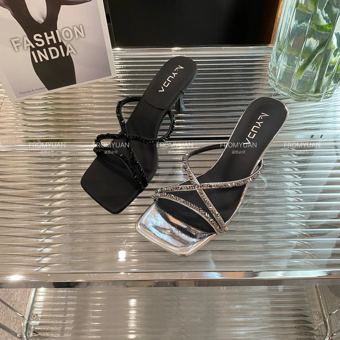 【6cm跟】23060法式细跟高跟鞋一字带时尚性感外穿露趾拖鞋