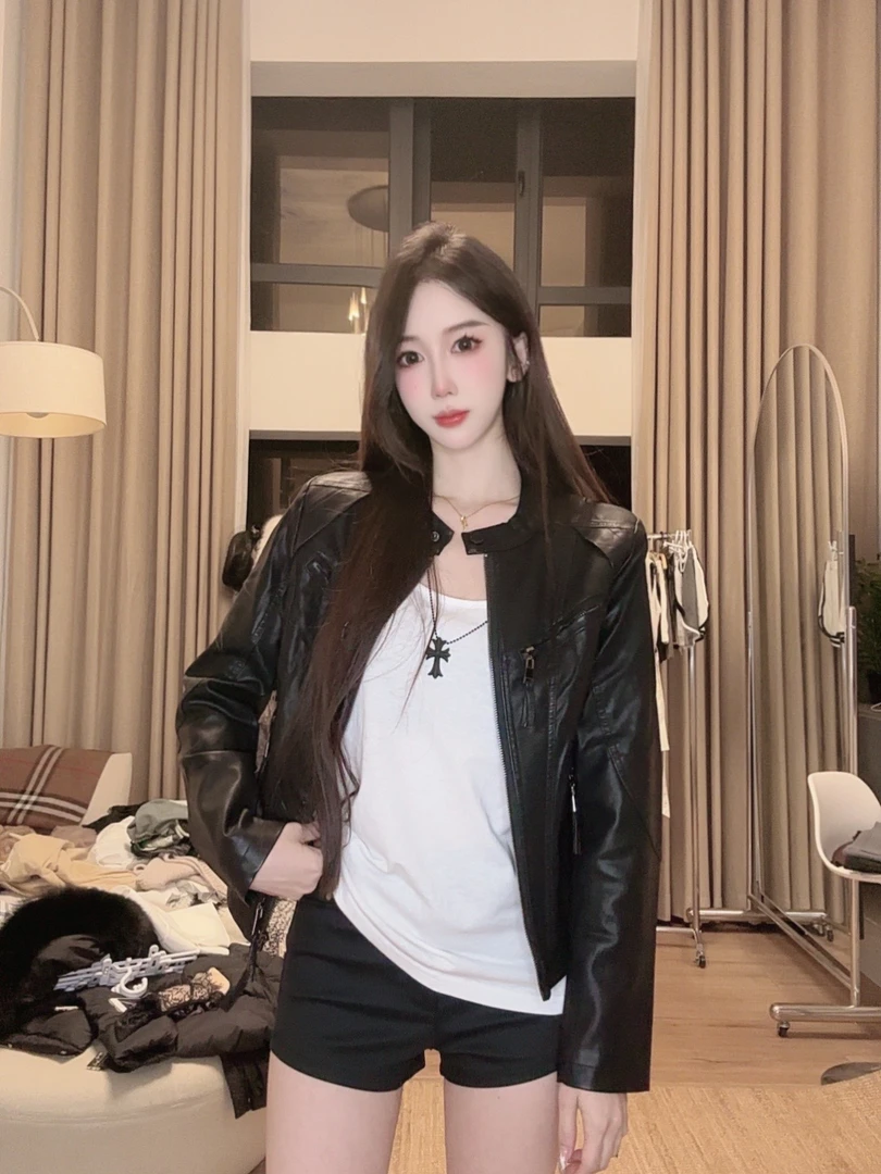 LANLAN纯黑做旧修身收腰皮衣Pu皮衣外套713