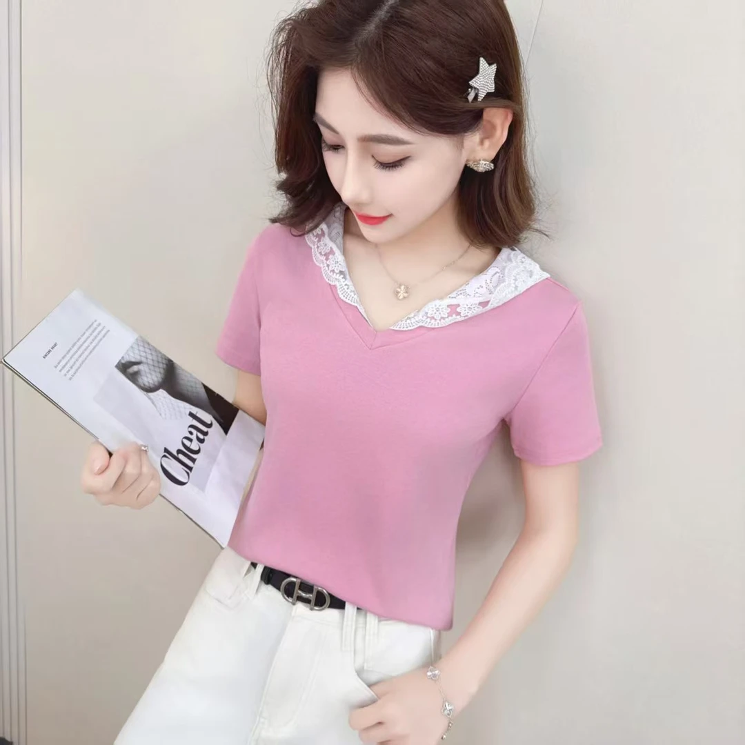 2503#时尚气质蕾丝拼接短袖女上衣