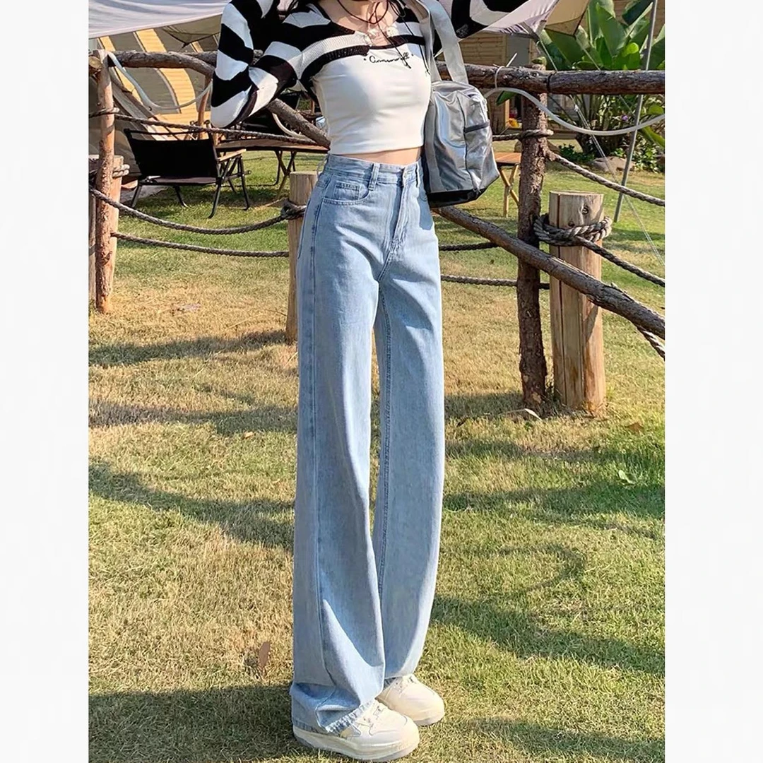 2025新款宽松显瘦高腰复古阔腿裤设计直筒牛仔拖地裤女