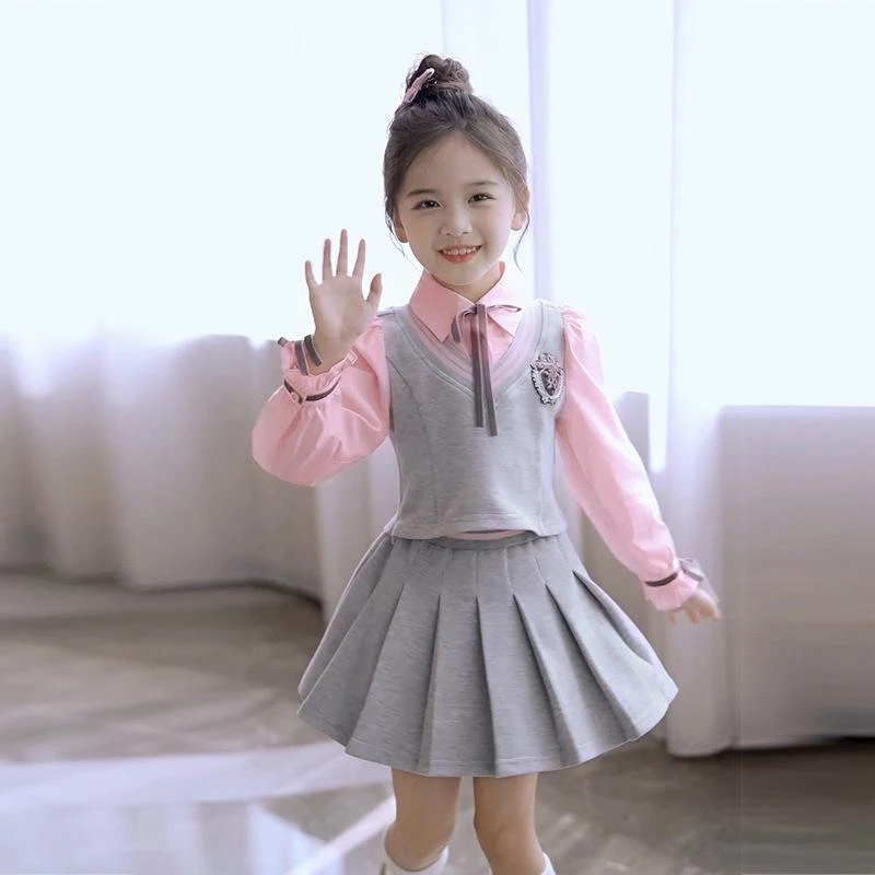 女童春秋季套装2025新款洋气时髦假两件学院风半身裙两件套春秋