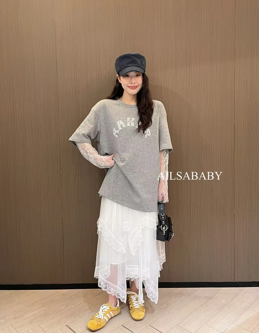 【AILSA BABY】欧货刺绣拼接蕾丝假两件宽松T