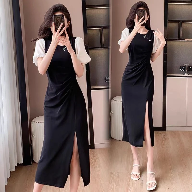 【T08】新中式泡泡袖连衣裙夏季时尚轻奢收腰法式赫本风开叉裙