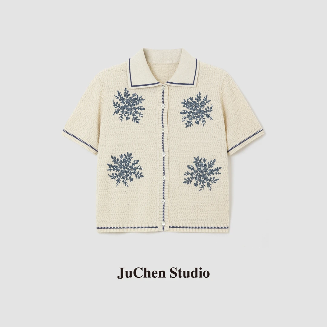 “海岛蓝花”悠然夏日老钱度假风绞花Polo短袖针织开衫 SS106008-16