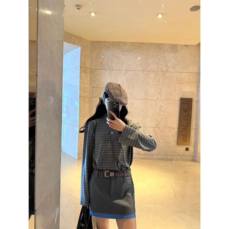 老钱风休闲百搭套装设计小众条纹长袖T恤上衣高腰显瘦拼接半身裙