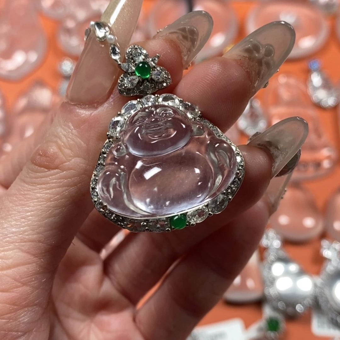 石英质玉银S925镶嵌颈饰黑钢雪花棉元宝佛