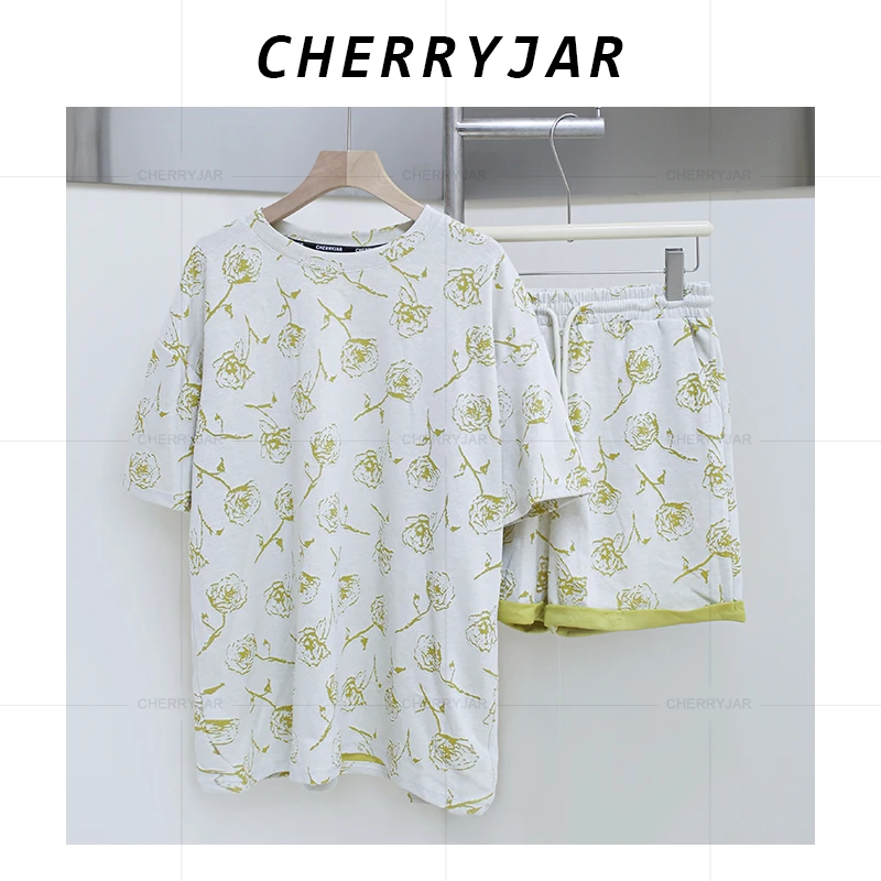 Cherryjar【25678】花卉印花短袖拼接套装时尚悠闲