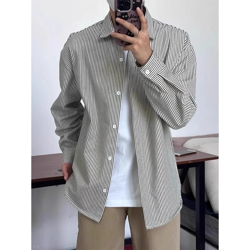 复古黑白条纹男士长袖衬衫春秋季穿搭高品质cleanfit衬衣开衫外套