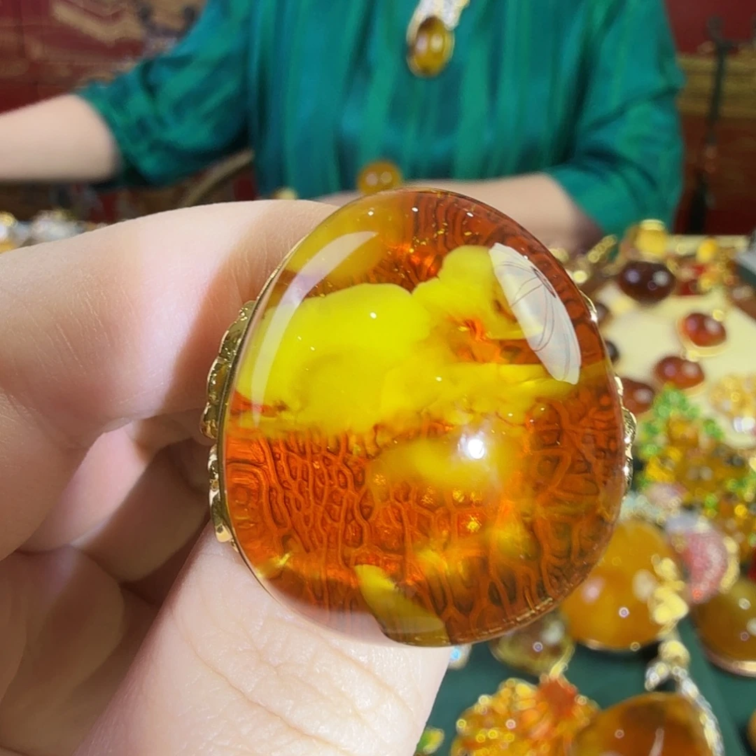蜜蜡银S925镀金镶嵌戒指
