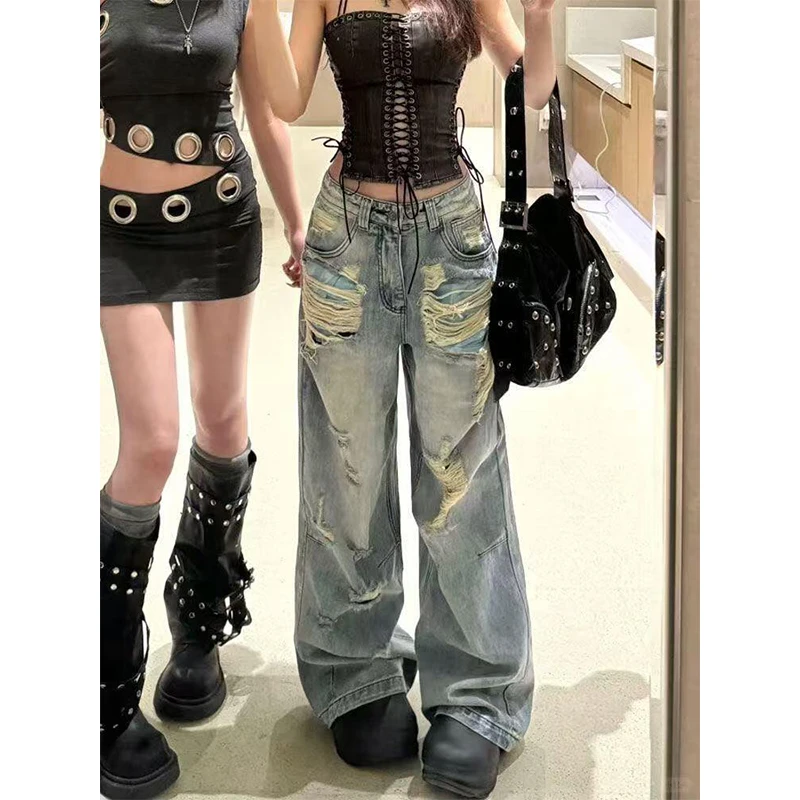 蓝色低腰设计感破洞牛仔裤女夏季新款宽松直筒做旧百搭垂感阔腿裤