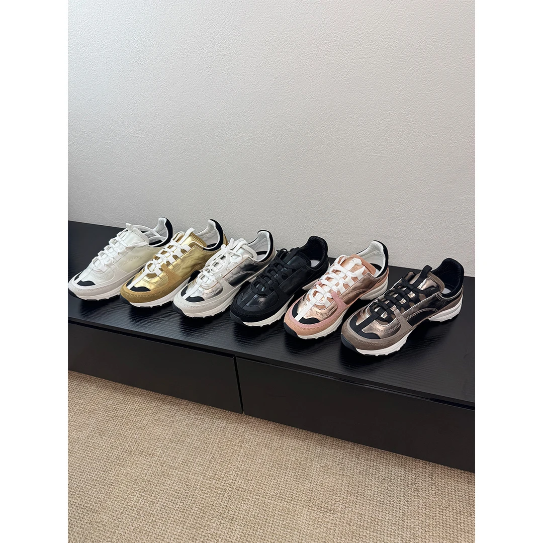 2025年新款小香风运动鞋女拼色真皮增高厚底时尚休闲鞋系带老爹鞋