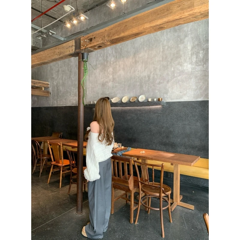 韩系设计感时髦百搭一字肩长袖针织衫高腰宽松垂感阔腿长裤两件套