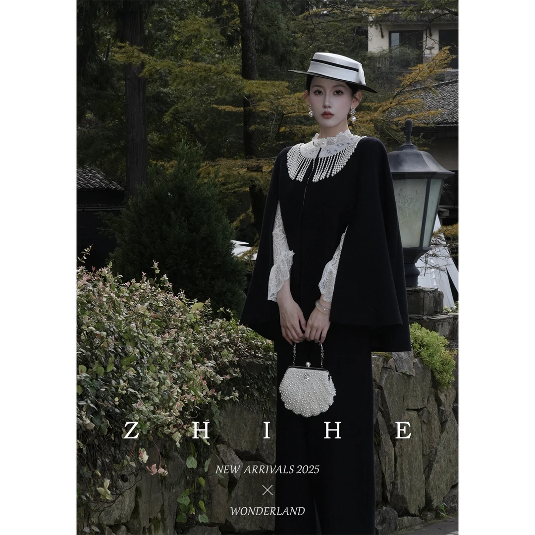 无艳一禾【墨园雅集】重工绵羊毛颗粒绒绣花斗篷外套+连体裤