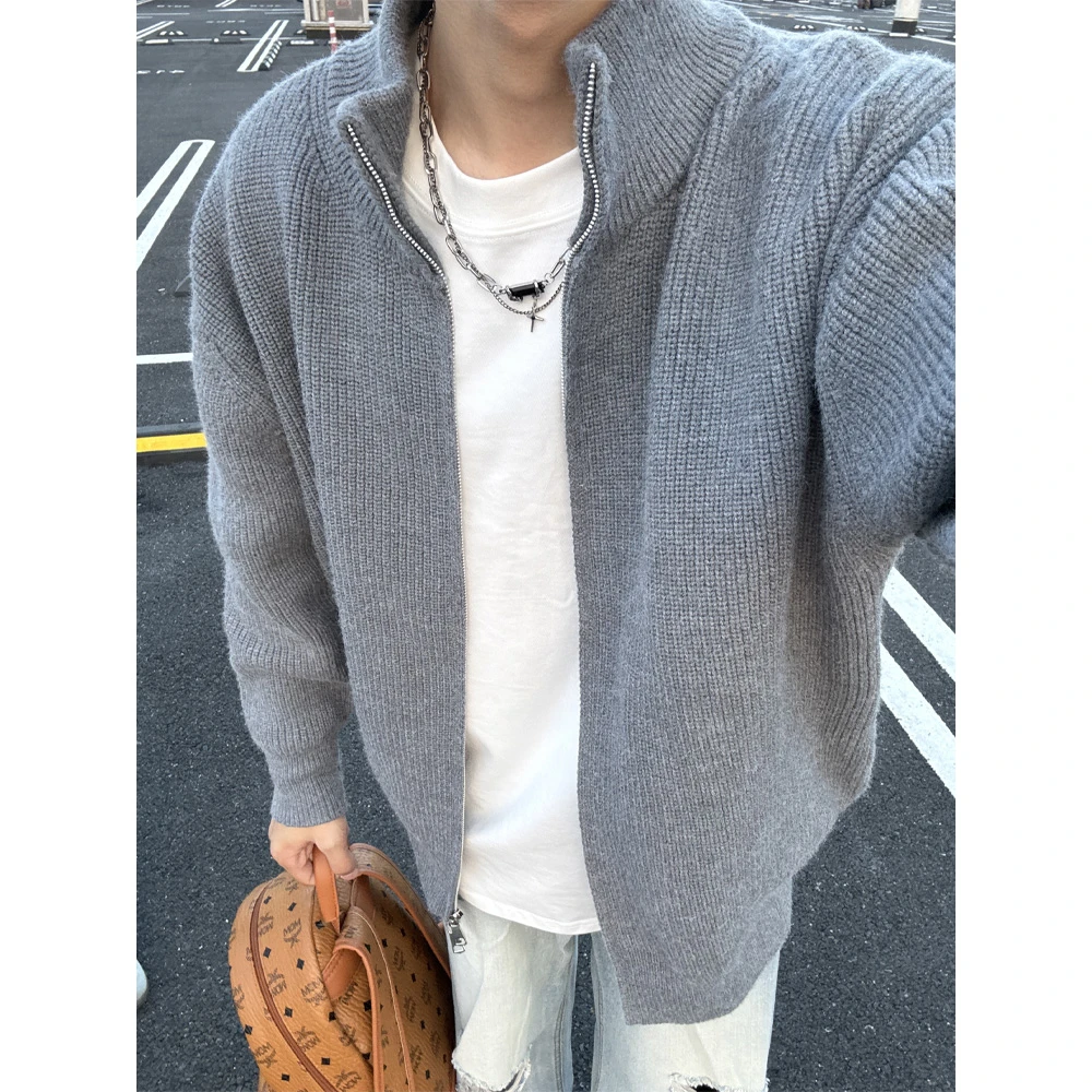 灰色cleanfit立领开衫毛衣男慵懒风高级感针织衫美式复古拉链外套
