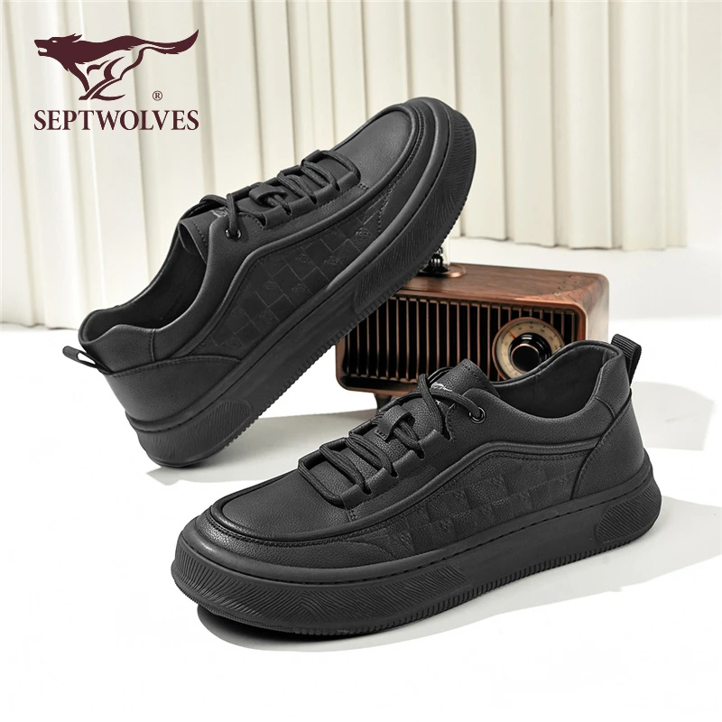 七匹狼正品男鞋秋季时尚百搭纯黑色鞋子男款休闲皮鞋厚底工作板鞋