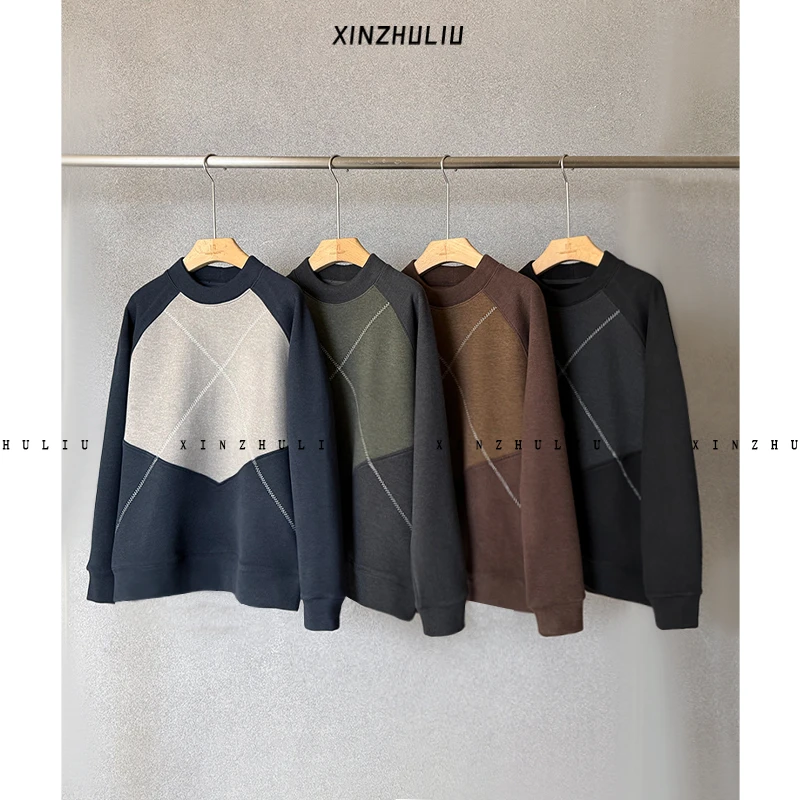 【冬季加绒加厚明线拼色圆领卫衣】男士结构百搭圆领卫衣87331