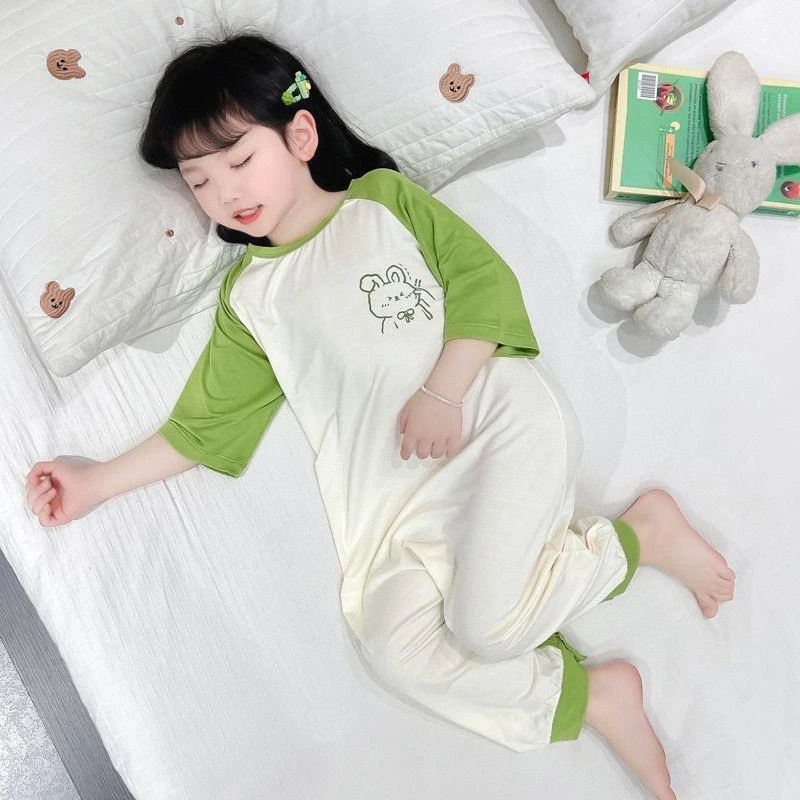 女童连体睡衣夏季薄款睡袍冰丝空调服宝宝衣服睡袋防踢儿童家居服