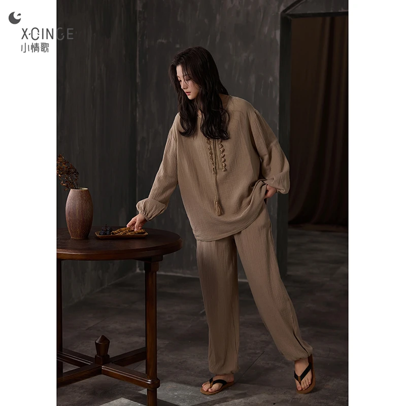 小情歌睡衣女秋2025年新款长袖宽松梭织棉女士大码简约家居服套装