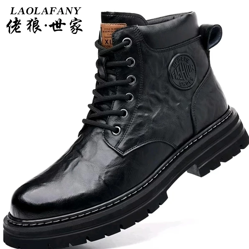 佬狼世家男士冬季马丁靴加绒加厚棉鞋潮流机车工装靴真皮男鞋