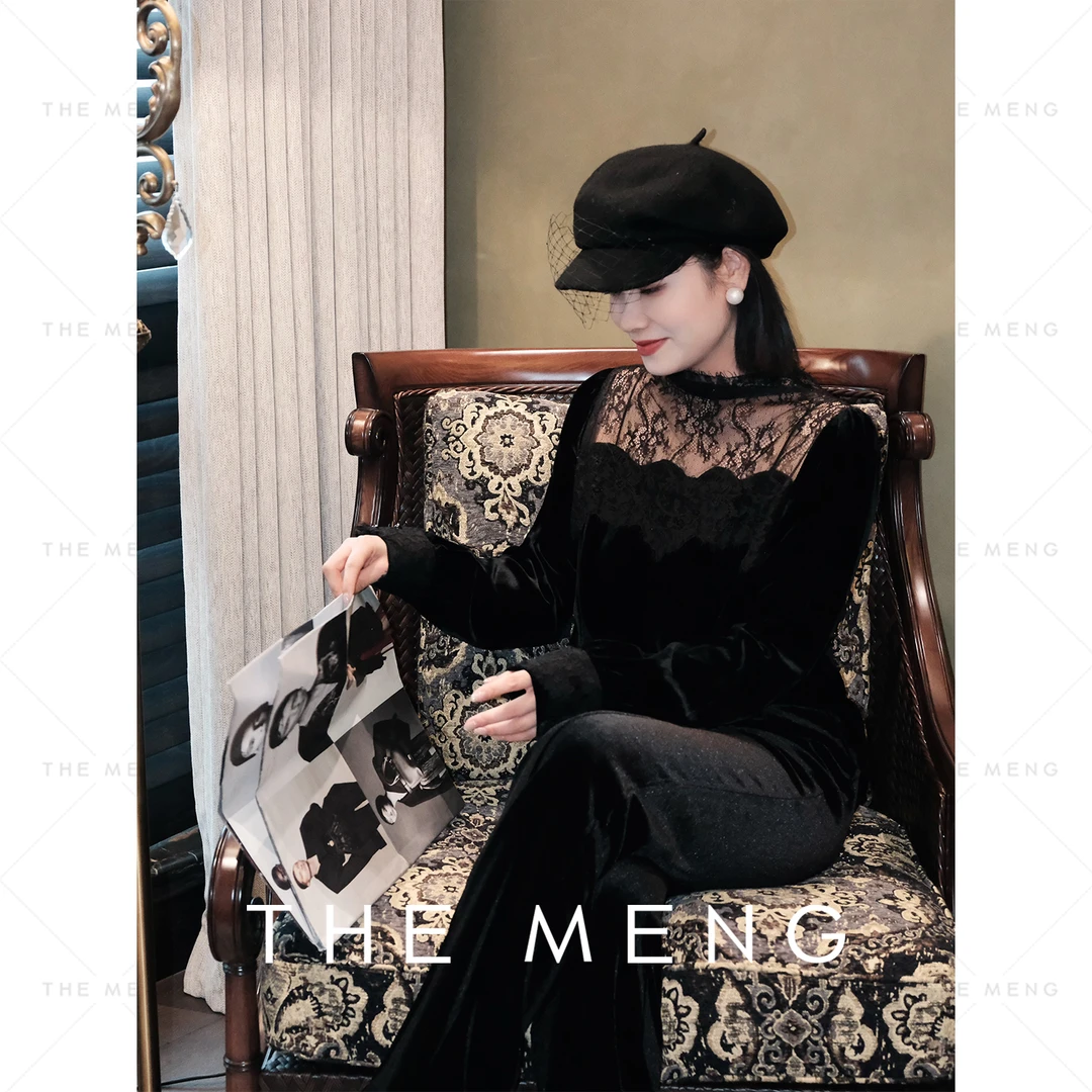 THE MENG【黑天鹅】基础款大女主通勤蕾丝边丝绒打底衫#M244B0001+A