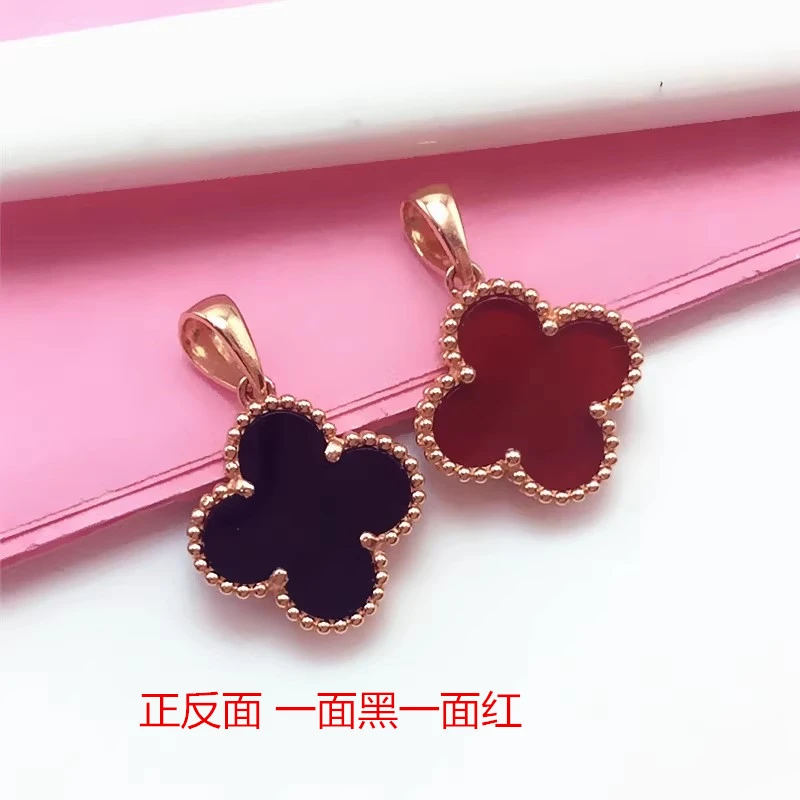 黑红玛瑙双面四叶草吊坠时尚轻奢14K玫瑰金气质项链