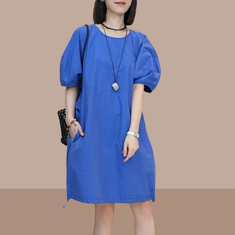 超好看风蓝色泡泡袖连衣裙女2025年夏季小众感超气质收腰显瘦长裙