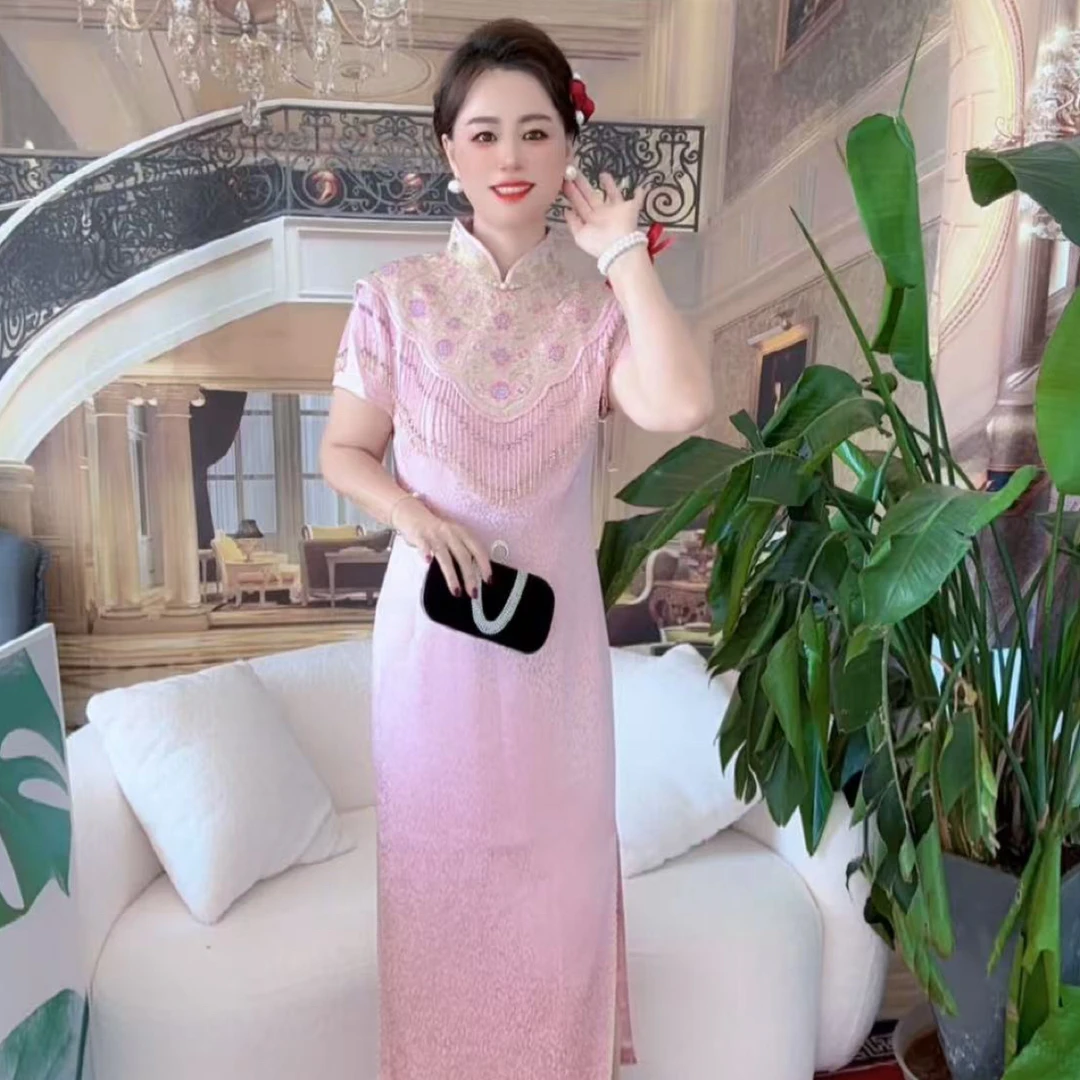 喜婆婆喜妈妈2025新款醋酸提花流苏礼服旗袍