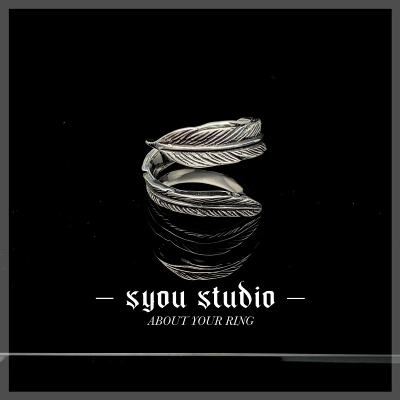 925银戒指 开口羽毛戒指复古轻奢可调节简约情侣对戒男尾戒指女