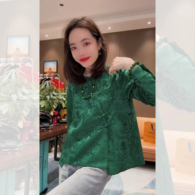 新中式民族风缎面提花上衣女2025春季宽松显瘦斜襟气质休闲打底衫