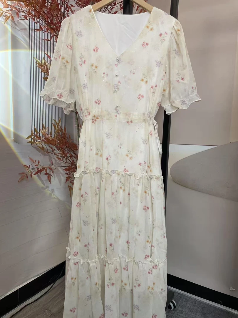 夏季显瘦时尚法式长款仙女裙温柔风碎花连衣裙-黄色 (编号557）