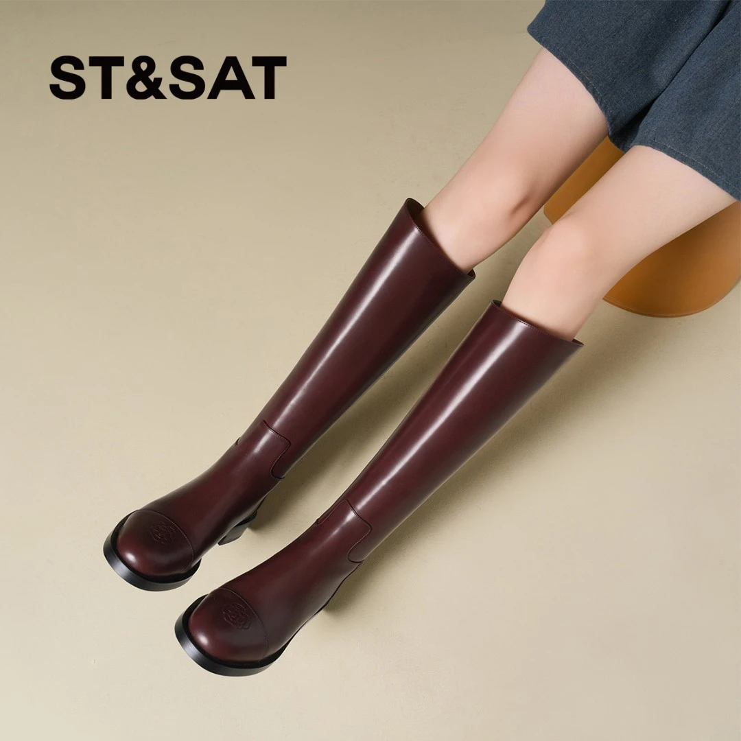 ST&SAT星期六法式复古2025新款圆头真皮复古套筒粗跟长靴骑士靴女