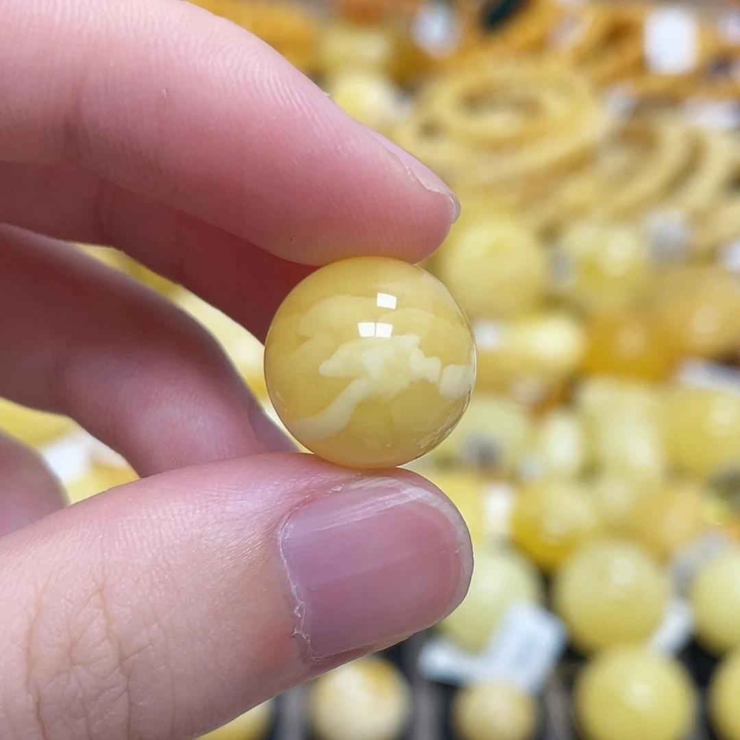 蜜蜡未镶嵌珠宝奇石圆珠满蜜满蜡虎皮妖花一线天14.9mm瑕