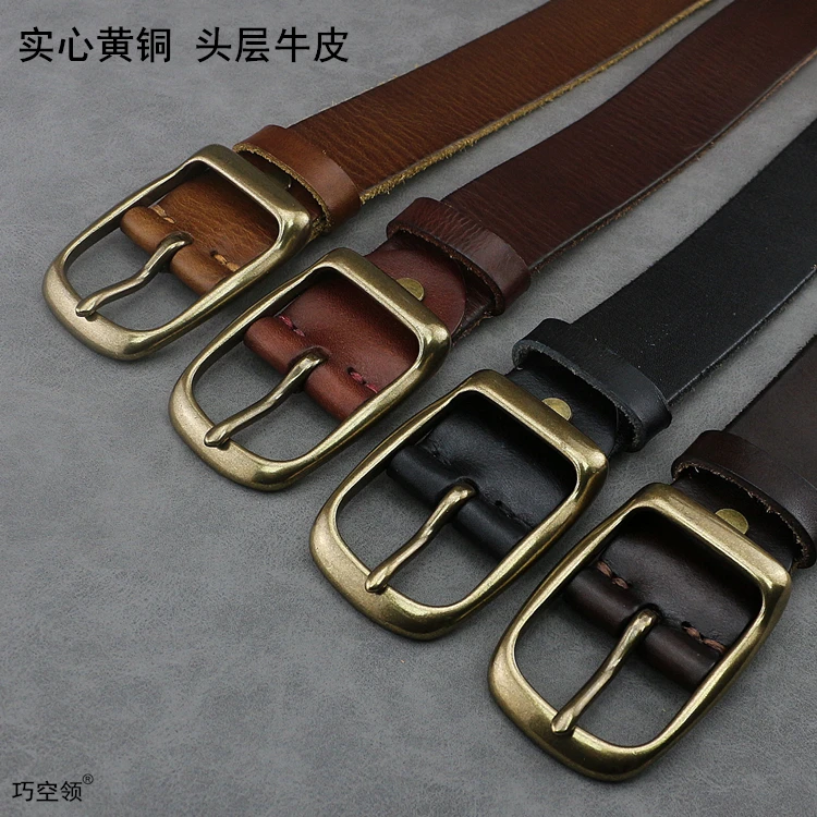 手工加厚纯黄铜扣复古手工擦色男士皮带百搭休闲纯牛皮美式腰带