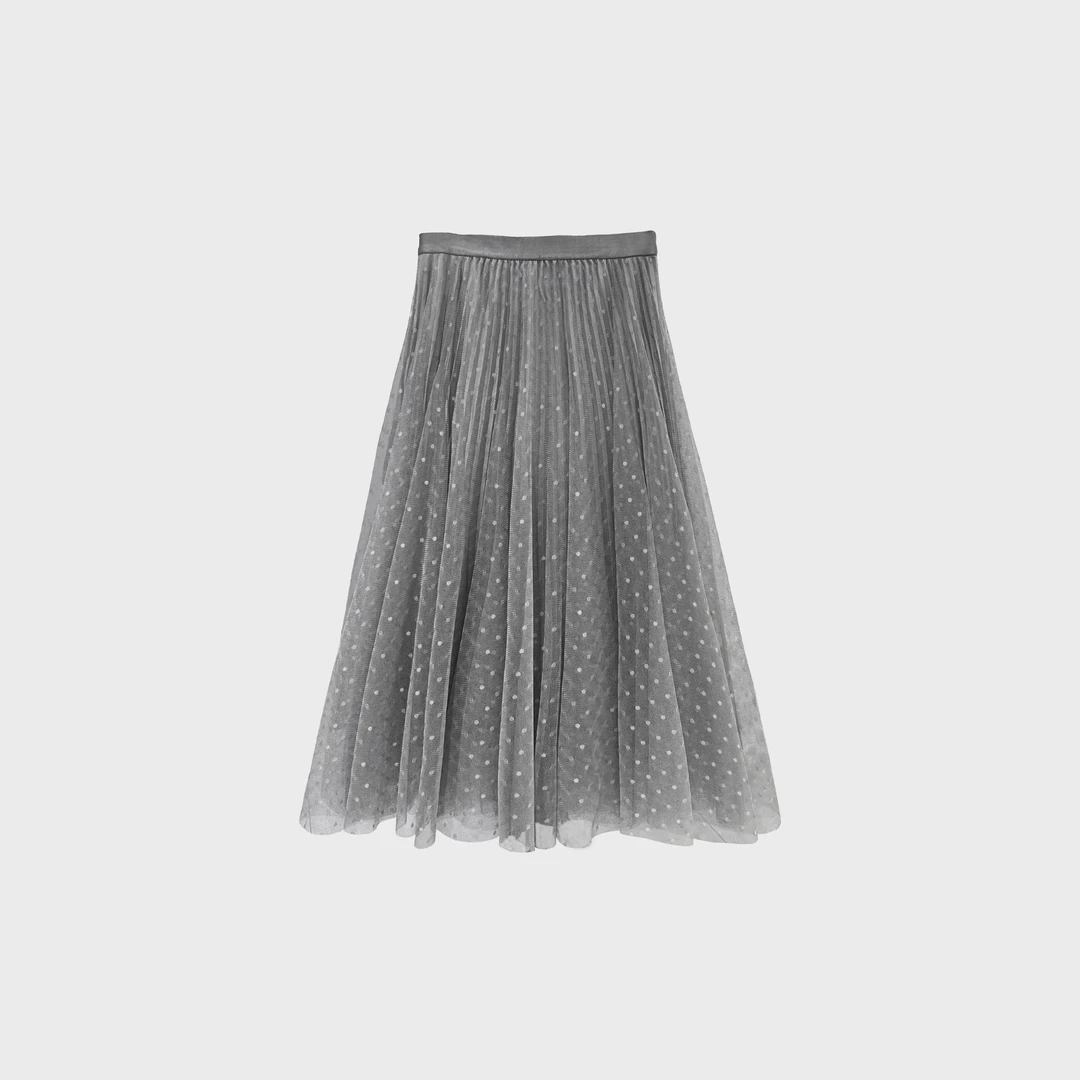 【繁星】灰色圆点百褶半身裙优雅气质显瘦垂感A字裙女装夏季网纱裙