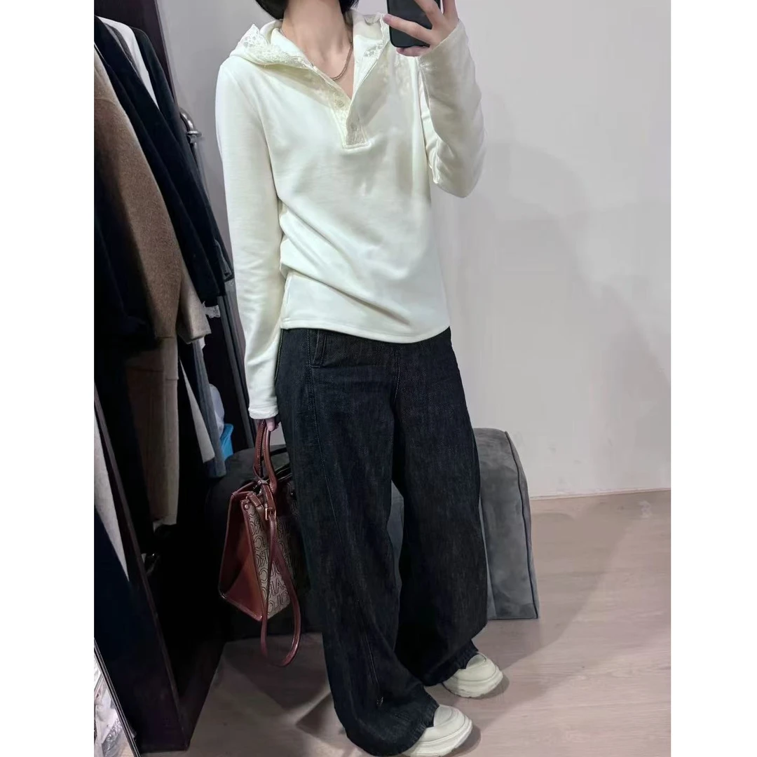 2025新款拼接淑女蕾丝边连帽衫长袖T恤女软糯磨毛卫衣洋气上衣
