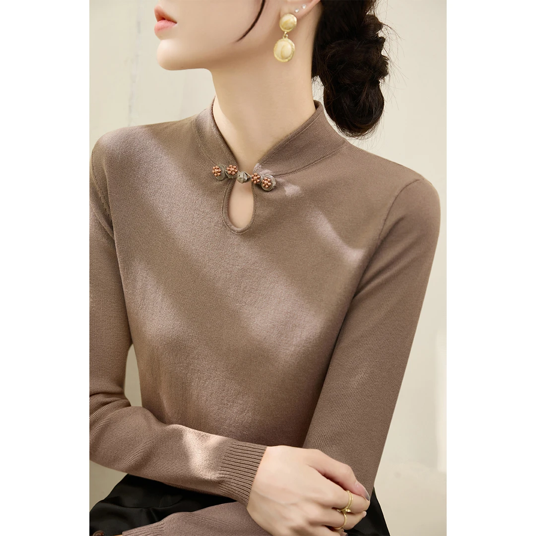 2025秋季新款啡驼色宽松长袖针织衫新中式盘扣半开领上衣纯色毛衣