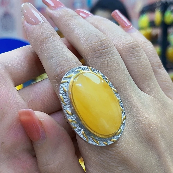 琥珀银S925镶嵌颈饰戒指