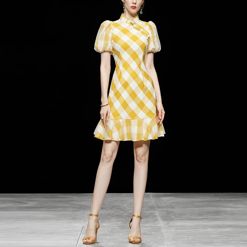 新款夏装女装气质格纹修身旗袍灯笼袖收腰显瘦鱼尾连衣裙DC23822