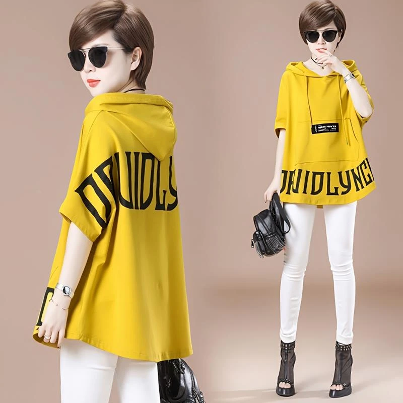 胖mm宽松显瘦大码连帽T恤女今年夏季新款洋气遮肉半袖印花上衣薄