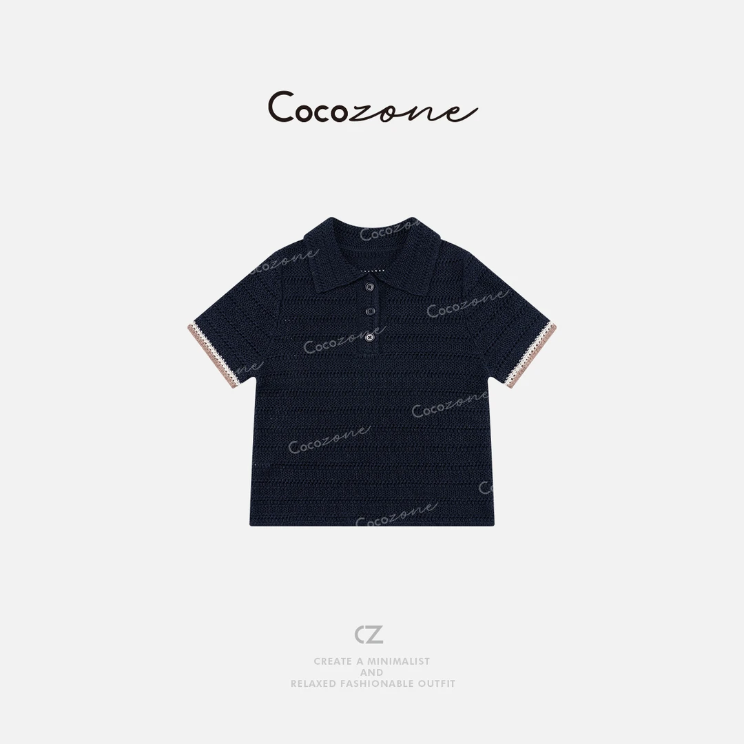 COCO ZONE 刘一一 镂空短袖针织衫小众polo领上衣CD1A0597